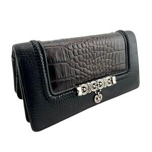 BRIGHTON Leather Clutch Wallet Organizer Black Brown Croc Embossed Credit Cards